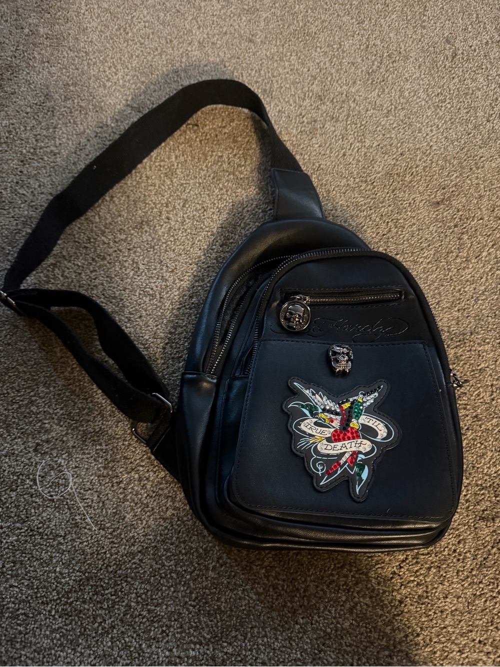 Ed Hardy Black Crossbody Sling Bag with Embroidered Patch in NWOT cond